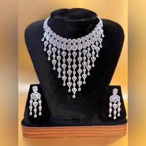 Elegant Silver-Tone Rhinestone Fringe Necklace & Earring Set